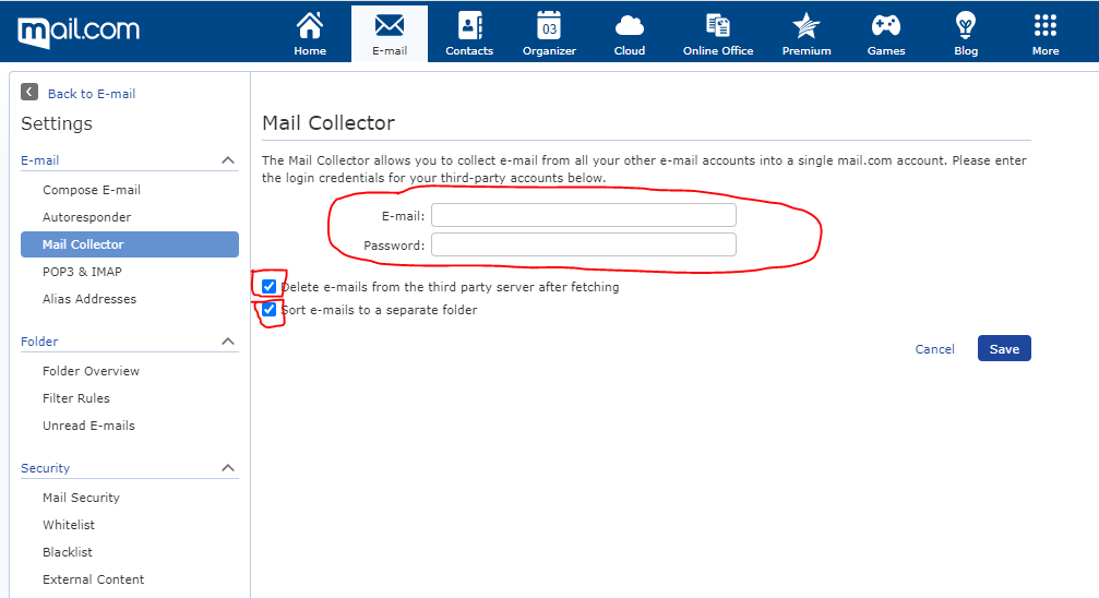 Screenshot of mail.com selections