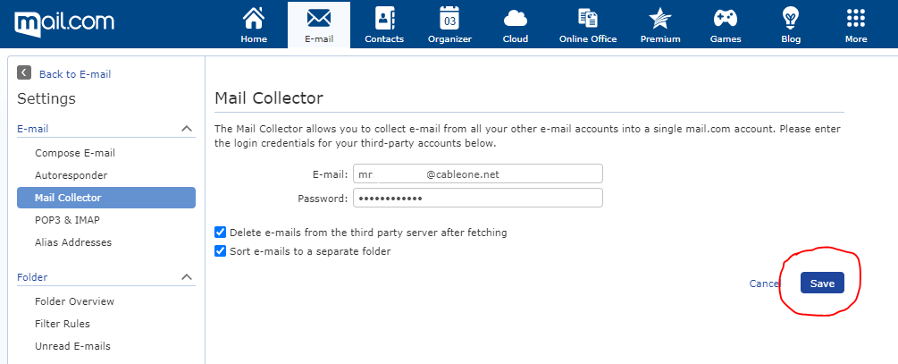 Screenshot of mail.com save
