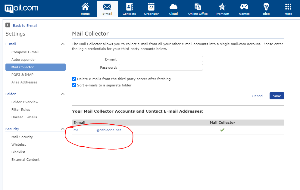 Screenshot of mail.com email collector