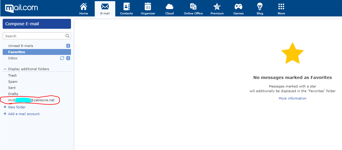 Screenshot of mail.com display additional folders