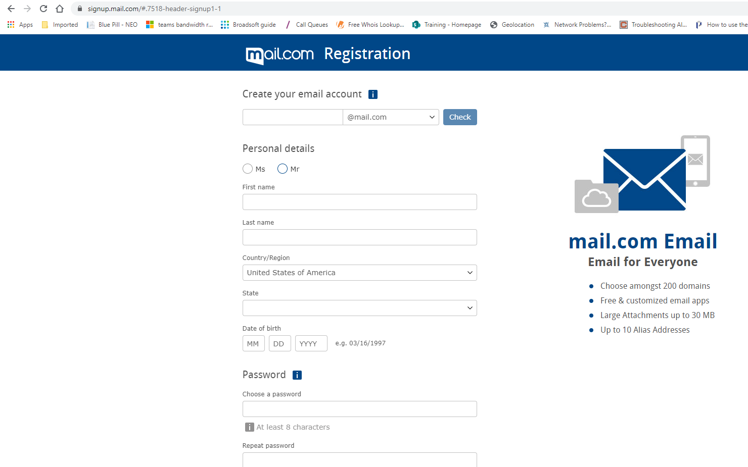 Screenshot of mail.com registration