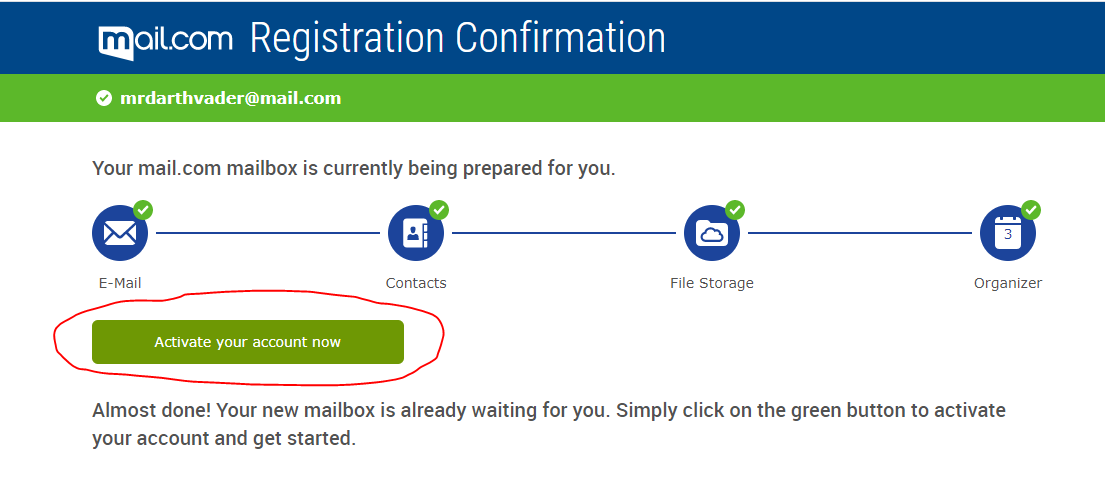 Screenshot of mail.com activate button