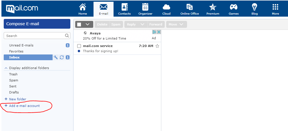 Screenshot of mail.com add email account