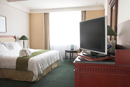 Hotel room with TV and bed