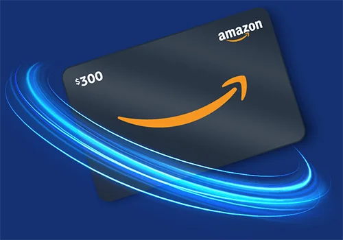 $300 Amazon gift card with a blue swoosh surrounding it