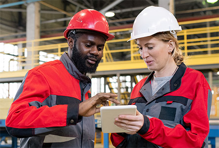 two factory workers looking at a tablet
