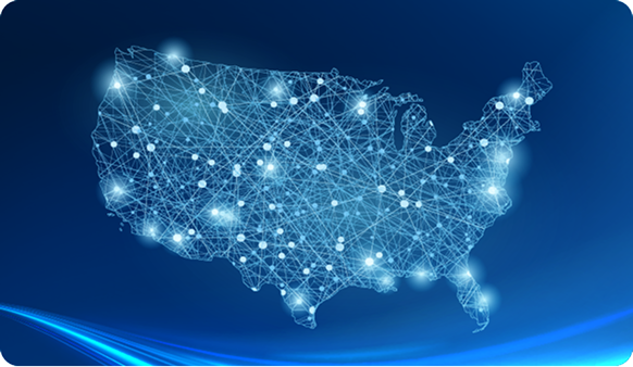 A map of the U.S.A. made up from blue lights that represent Sparklight connections