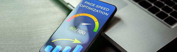 Image of mobile device with page optimization report infographic on its screen.