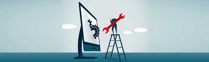 illustration of a man on a ladder using a wrench to fix a computer