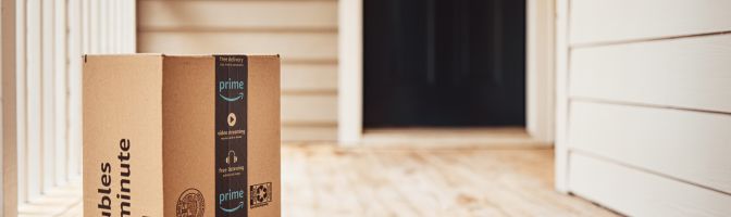 Amazon prime box on front steps