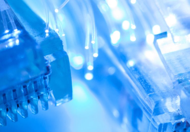 backlight in blue light closeup of an Ethernet plug