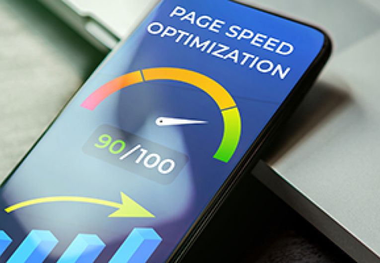 Image of mobile device with page optimization report infographic on its screen.