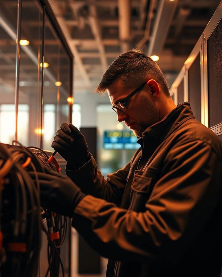 Man in glasses and work clothing using a tool on a group of optical cables