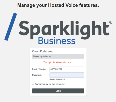 Sparklight Business Login Screen