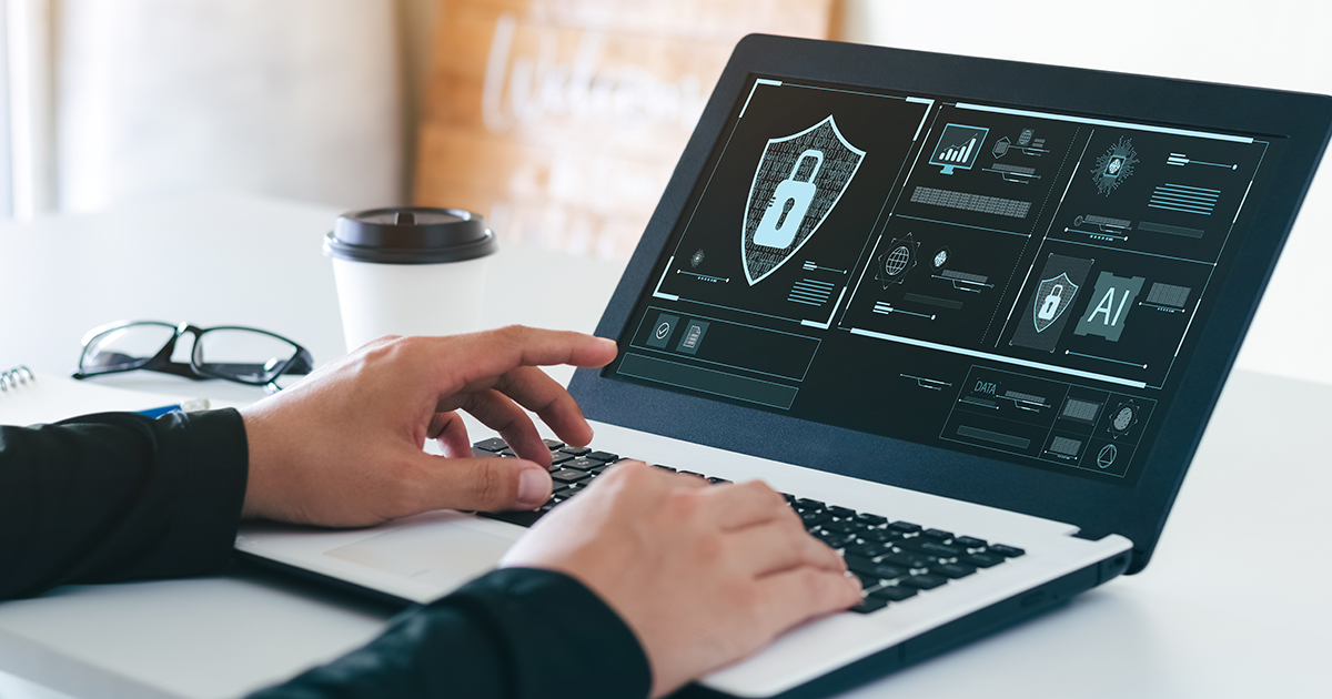 hands typing on laptop computer. computer screen showing concept of cyber security, information security and encryption, secure access to user\'s personal information, secure Internet access, cybersecurity.