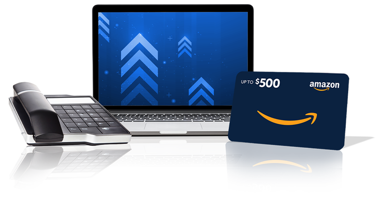$500 Amazon gift card beside a laptop and business phone